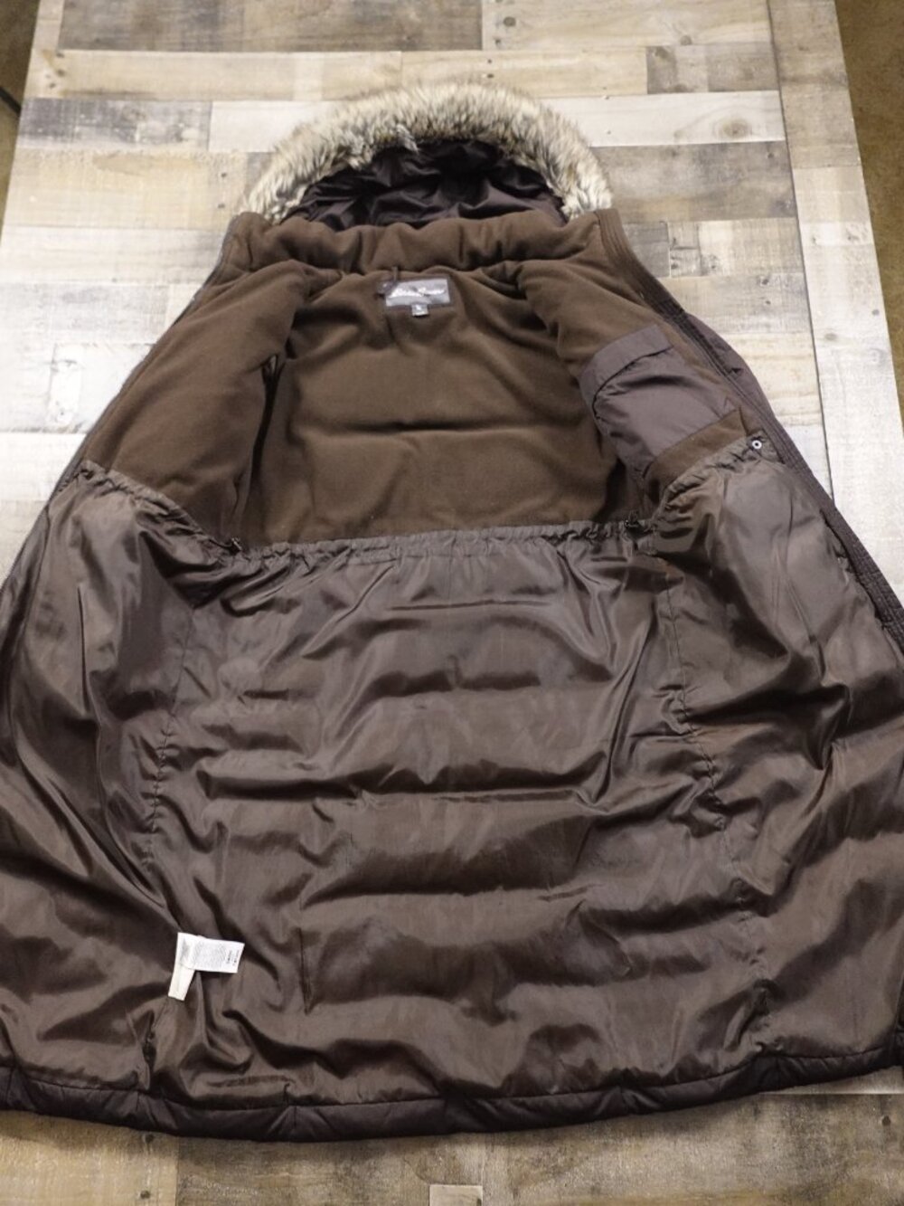 Eddie Bauer Down Maxi Coat Women’s Large Brown Faux Fur Hood Long Winter Parka - Picture 13 of 16